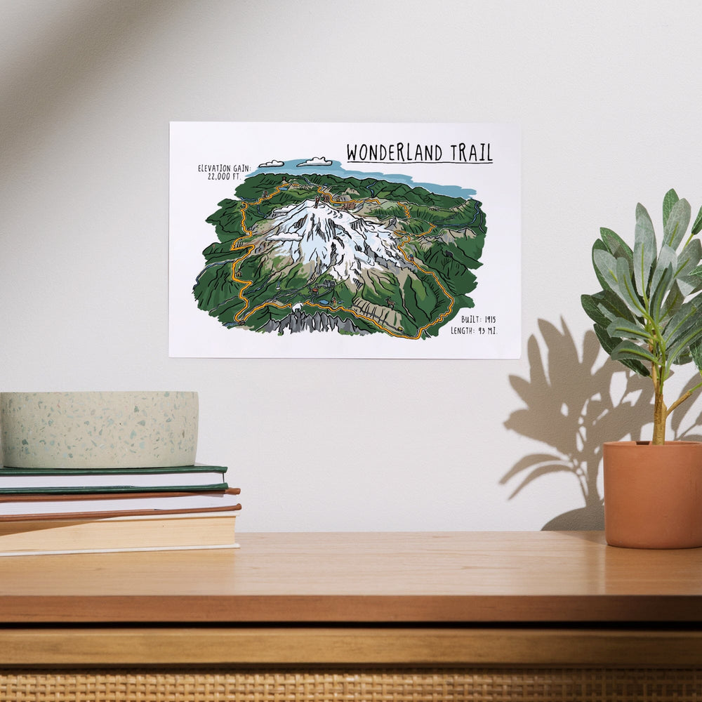 Mount Rainier, Wonderland Trail, Line Drawing, Art & Giclee Prints Art Lantern Press 