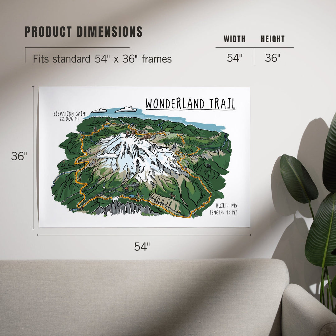Mount Rainier, Wonderland Trail, Line Drawing, Art & Giclee Prints Art Lantern Press 
