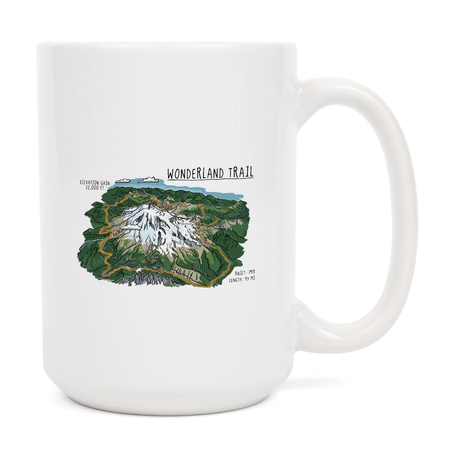 Mount Rainier, Wonderland Trail, Line Drawing, Lantern Press Artwork, Ceramic Mug Mugs Lantern Press 