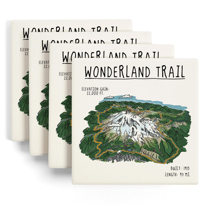 Mount Rainier, Wonderland Trail, Line Drawing, Lantern Press Artwork, Coaster Set Coasters Lantern Press 