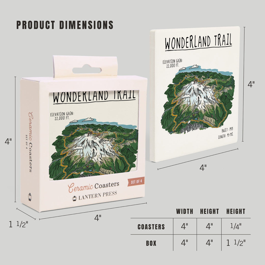 Mount Rainier, Wonderland Trail, Line Drawing, Lantern Press Artwork, Coaster Set Coasters Lantern Press 