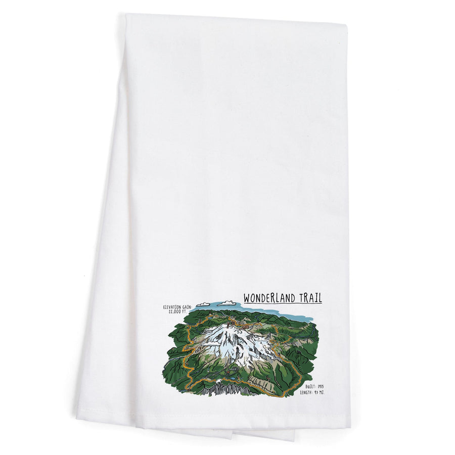 Mount Rainier, Wonderland Trail, Line Drawing, Organic Cotton Kitchen Tea Towels Kitchen Lantern Press 