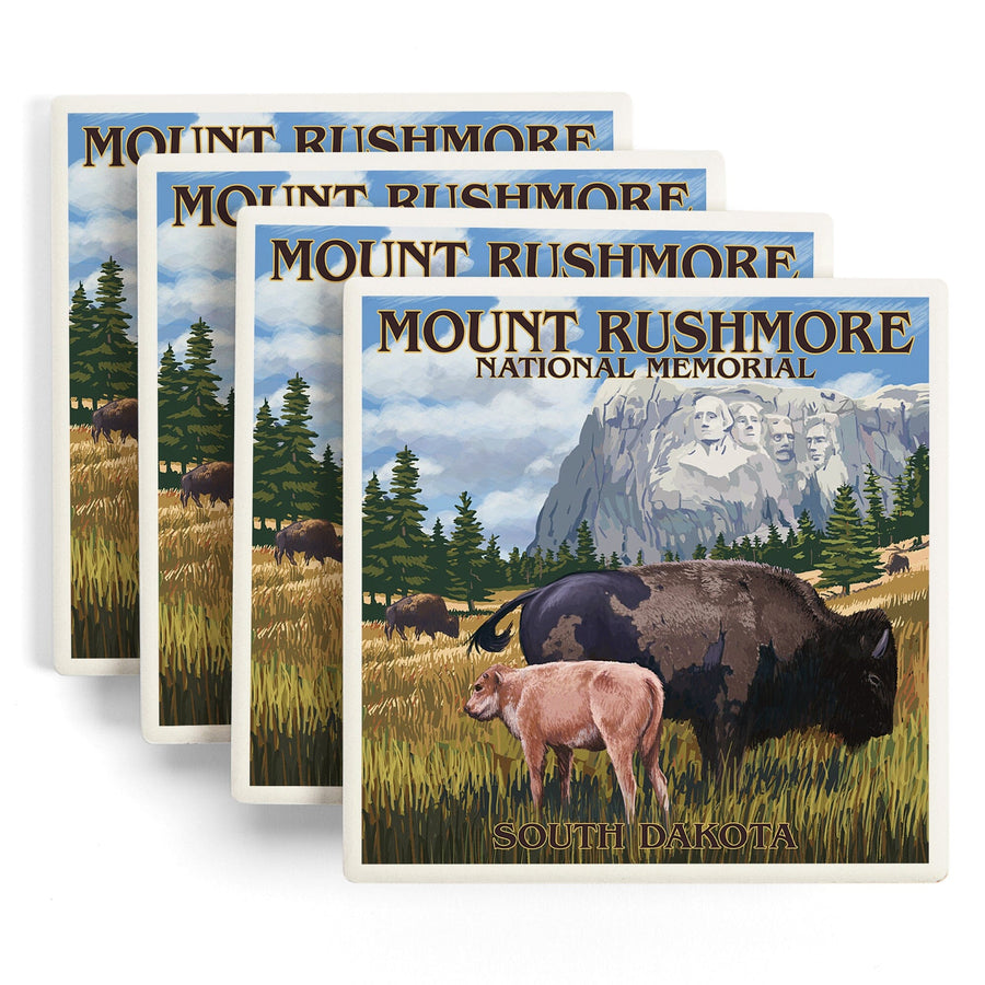 Mount Rushmore National Memorial, South Dakota, Bison Scene, Lantern Press Artwork, Coaster Set Coasters Lantern Press 