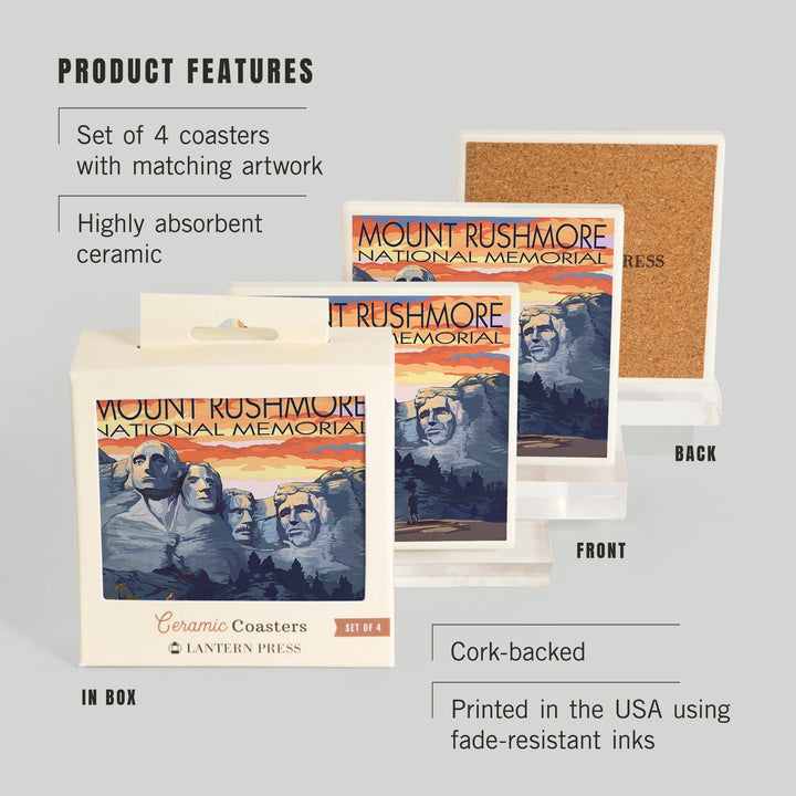 Mount Rushmore National Memorial, South Dakota, Painterly Series, Sunset View, Lantern Press Artwork, Coaster Set Coasters Lantern Press 