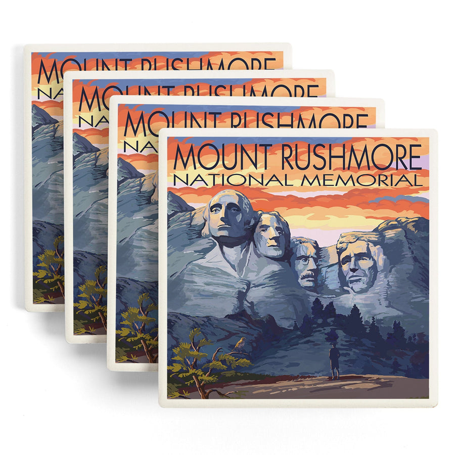 Mount Rushmore National Memorial, South Dakota, Painterly Series, Sunset View, Lantern Press Artwork, Coaster Set Coasters Lantern Press 