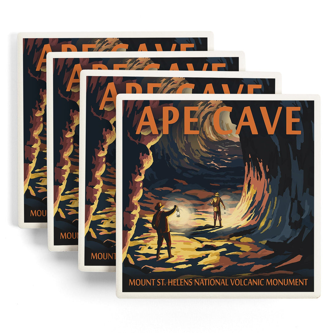 Mount St. Helens, Washington, Ape Cave, Sunset View, Lantern Press Artwork, Coaster Set Coasters Lantern Press 