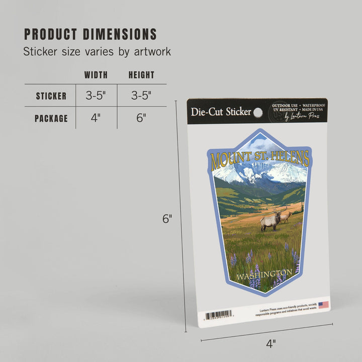 Mount St. Helens, Washington, Elk and Meadow, Contour, Vinyl Sticker Sticker Lantern Press 