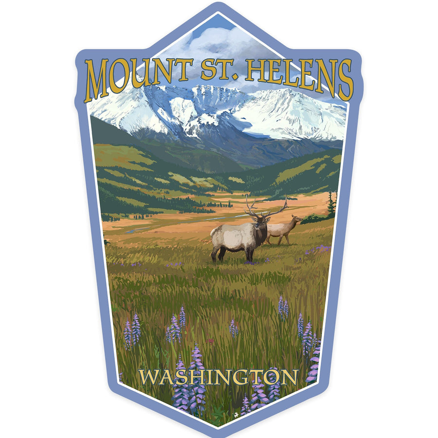 Mount St. Helens, Washington, Elk and Meadow, Contour, Vinyl Sticker Sticker Lantern Press 