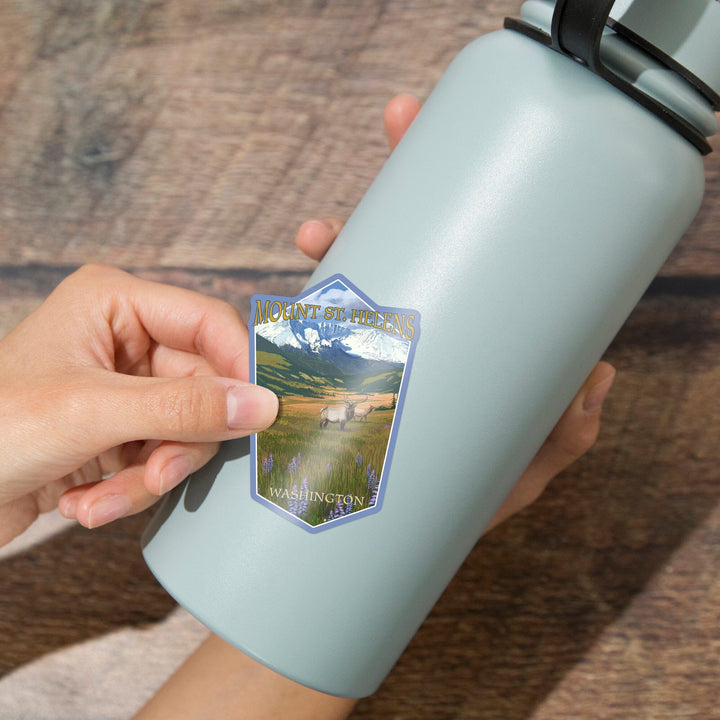 Mount St. Helens, Washington, Elk and Meadow, Contour, Vinyl Sticker Sticker Lantern Press 