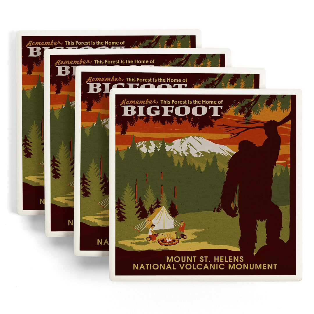 Mount St. Helens, Washington, Home of Bigfoot, Lantern Press Artwork, Coaster Set Coasters Lantern Press 