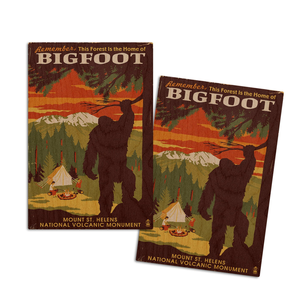 Mount St. Helens, Washington, Home of Bigfoot, Lantern Press Artwork, Wood Signs and Postcards Wood Lantern Press 4x6 Wood Postcard Set 