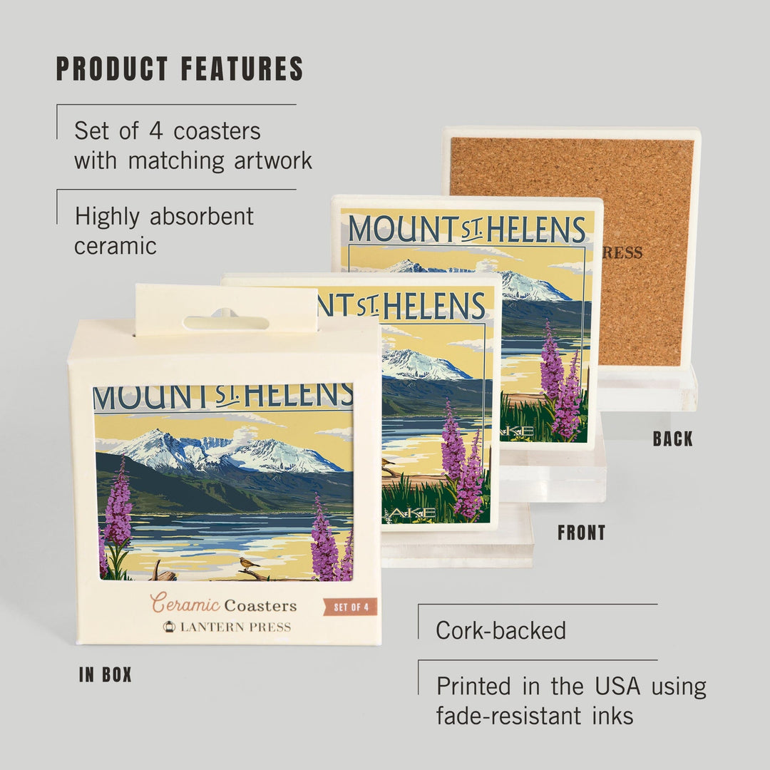 Mount St. Helens, Washington, Spirit Lake, Lantern Press Artwork, Coaster Set Coasters Lantern Press 