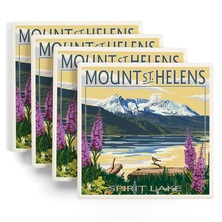 Mount St. Helens, Washington, Spirit Lake, Lantern Press Artwork, Coaster Set Coasters Lantern Press 