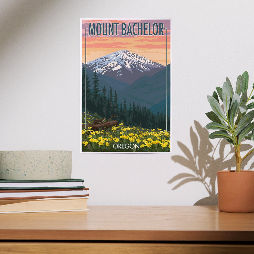 Mt. Bachelor, Oregon, Pine Martin and Flowers, Art & Giclee Prints Art Lantern Press 