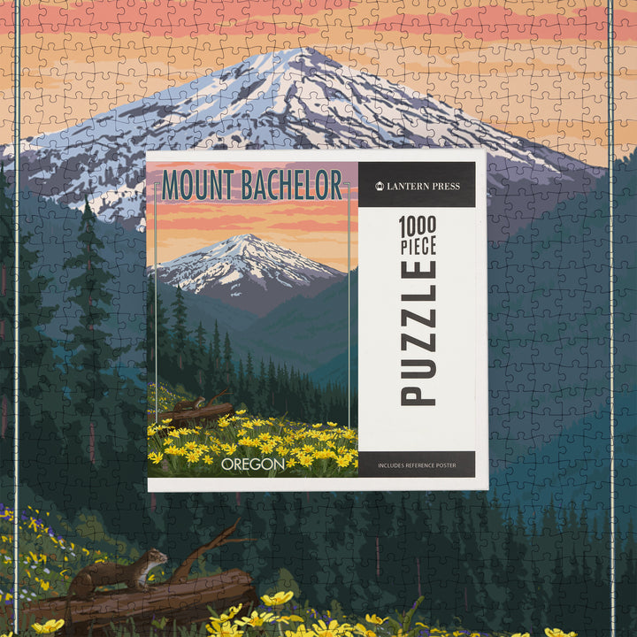 Mt. Bachelor, Oregon, Pine Martin and Flowers, Jigsaw Puzzle Puzzle Lantern Press 