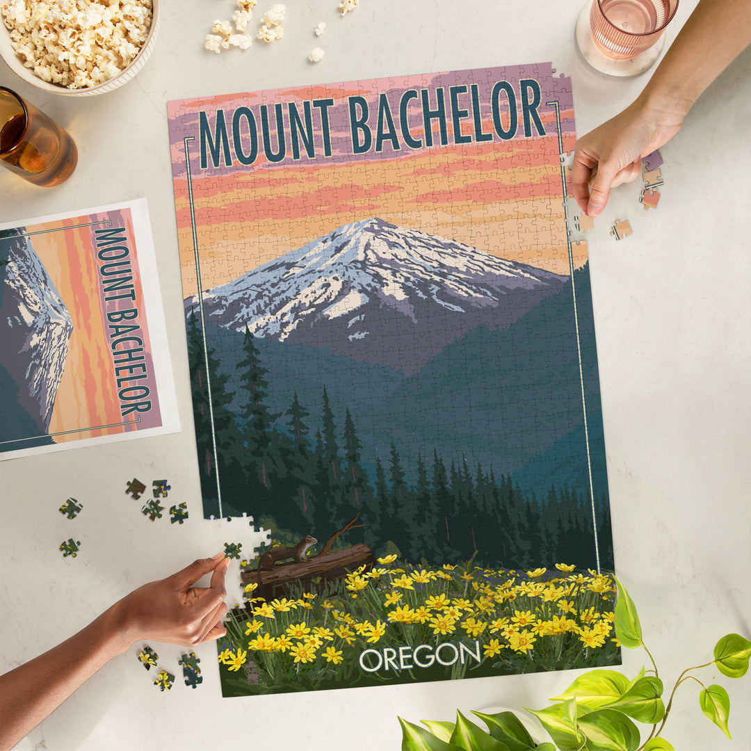 Mt. Bachelor, Oregon, Pine Martin and Flowers, Jigsaw Puzzle Puzzle Lantern Press 