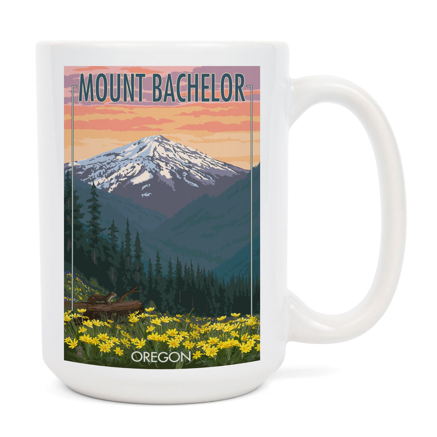 Mt. Bachelor, Oregon, Pine Martin and Flowers, Lantern Press Artwork, Ceramic Mug Mugs Lantern Press 