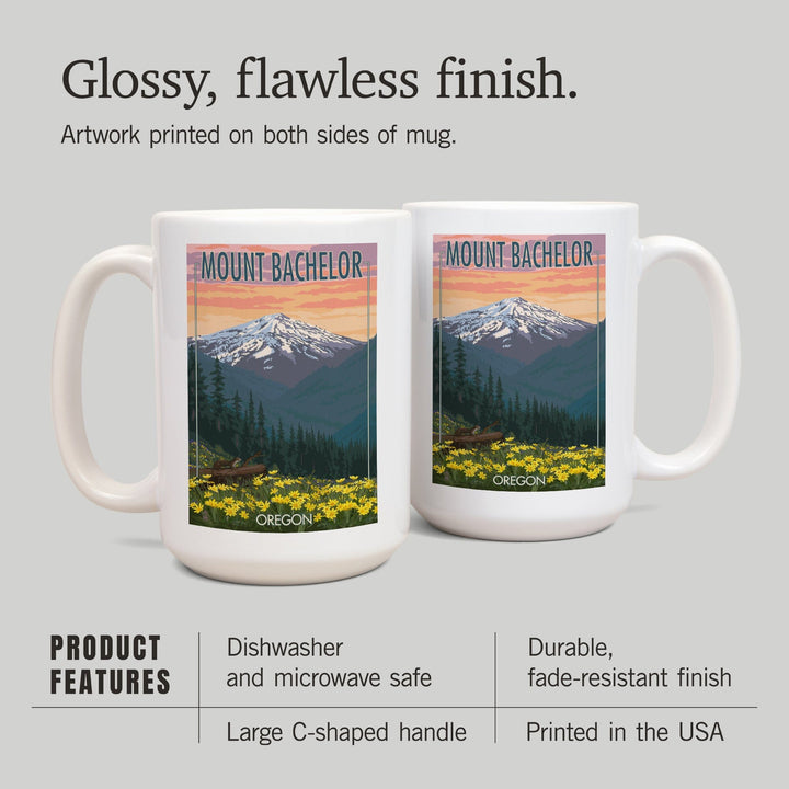 Mt. Bachelor, Oregon, Pine Martin and Flowers, Lantern Press Artwork, Ceramic Mug Mugs Lantern Press 