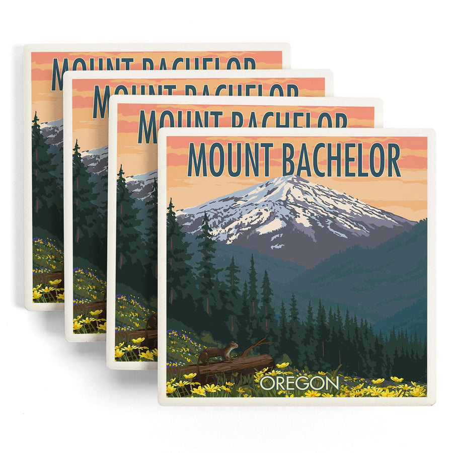 Mt. Bachelor, Oregon, Pine Martin and Flowers, Lantern Press Artwork, Coaster Set Coasters Lantern Press 