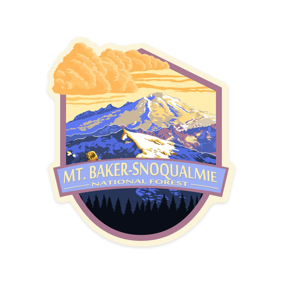 Mt Baker Snoqualmie National Forest, Washington, Mt Baker at Sunset, Contour, Lantern Press Artwork, Vinyl Sticker Sticker Lantern Press 