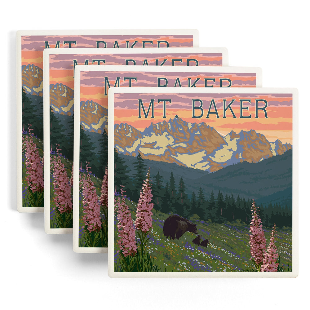 Mt. Baker, Washington, Bear and Spring Flowers, Coasters Coasters Lantern Press 