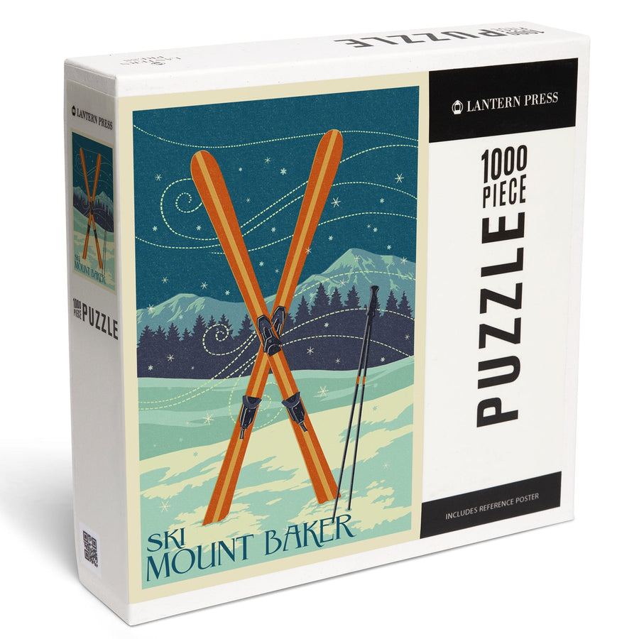 Mt. Baker, Washington, Crossed Skis, Letterpress, Jigsaw Puzzle Puzzle Lantern Press 