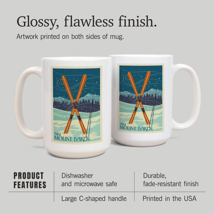 Mt. Baker, Washington, Crossed Skis, Letterpress, Lantern Press Artwork, Ceramic Mug Mugs Lantern Press 