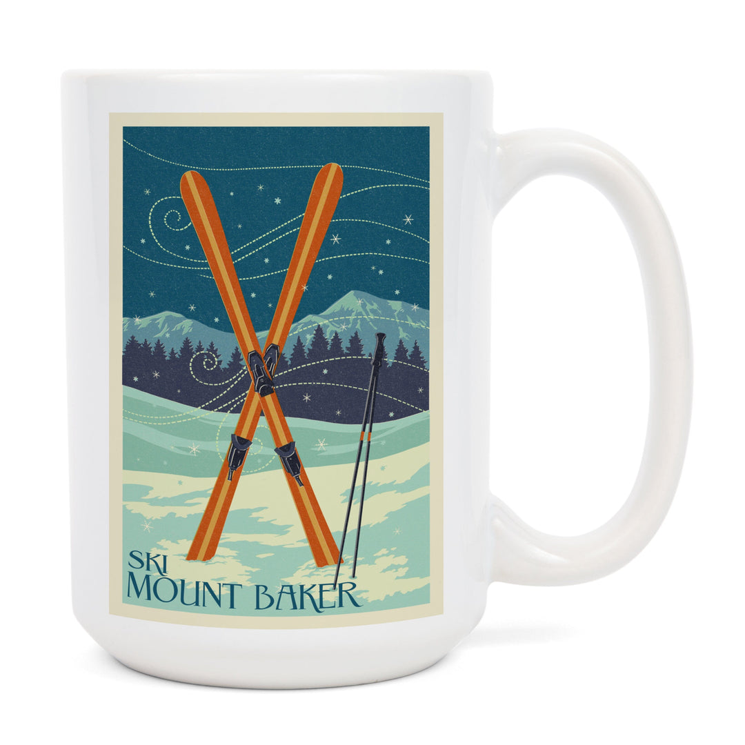 Mt. Baker, Washington, Crossed Skis, Letterpress, Lantern Press Artwork, Ceramic Mug Mugs Lantern Press 