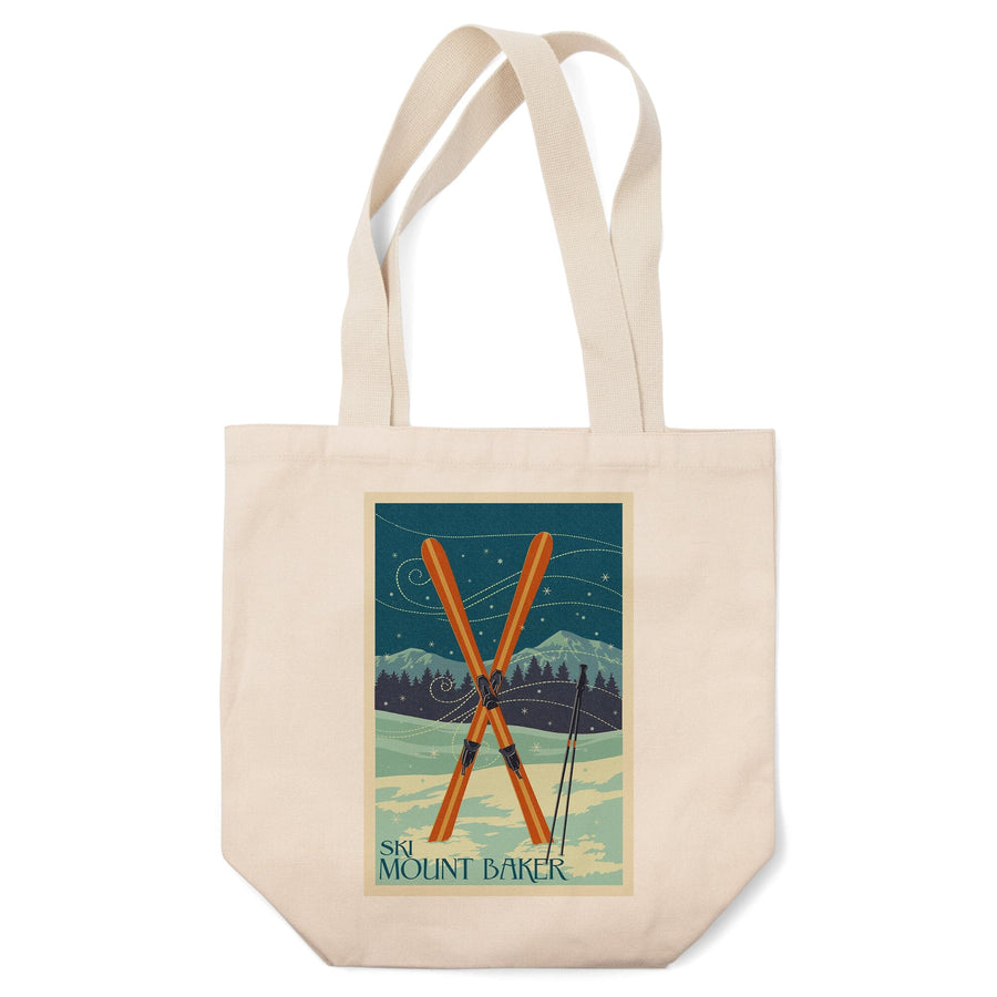 Mt. Baker, Washington, Crossed Skis, Letterpress, Lantern Press Artwork, Tote Bag Totes Lantern Press 