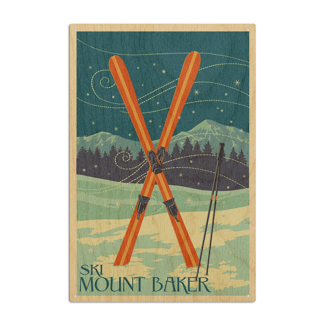 Mt. Baker, Washington, Crossed Skis, Letterpress, Lantern Press Artwork, Wood Signs and Postcards Wood Lantern Press 10 x 15 Wood Sign 