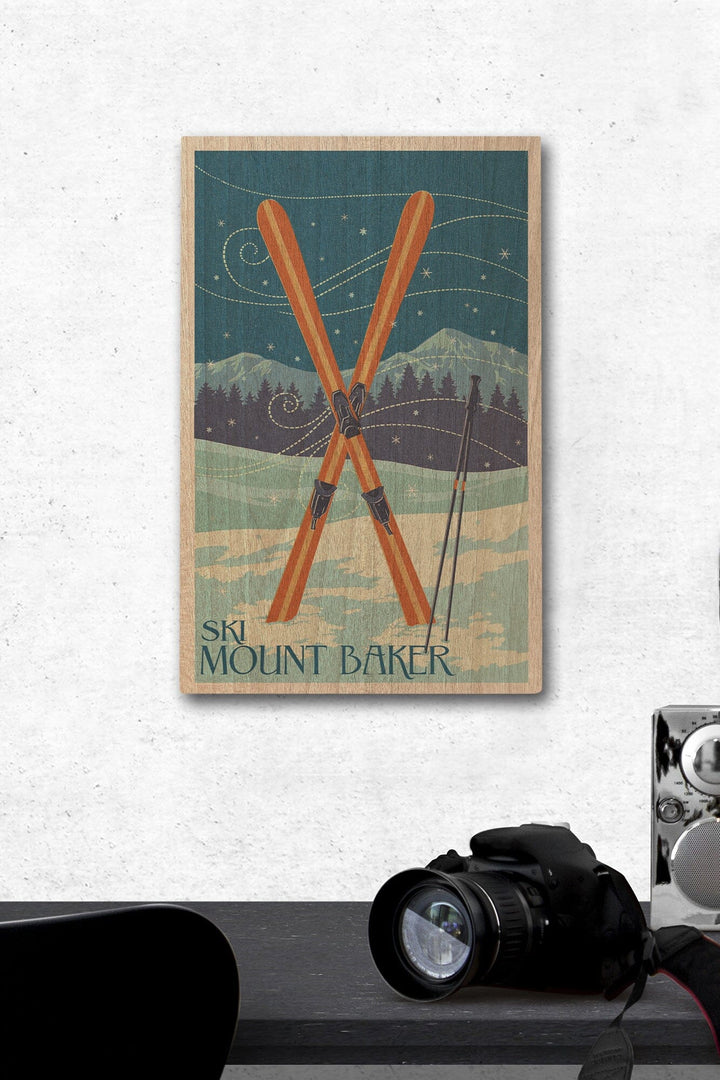 Mt. Baker, Washington, Crossed Skis, Letterpress, Lantern Press Artwork, Wood Signs and Postcards Wood Lantern Press 12 x 18 Wood Gallery Print 