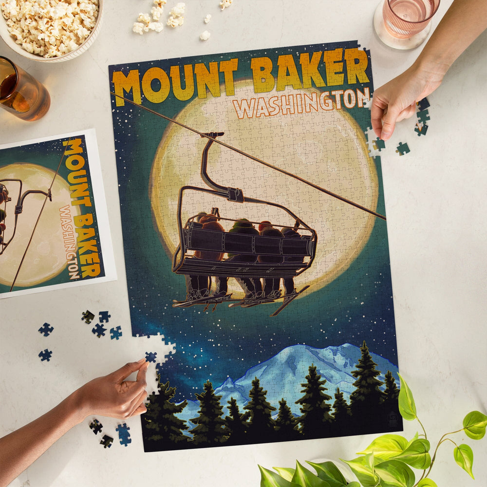 Mt. Baker, Washington, Ski Lift and Full Moon, Letterpress, Jigsaw Puzzle Puzzle Lantern Press 