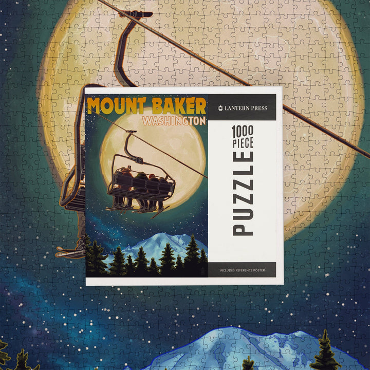 Mt. Baker, Washington, Ski Lift and Full Moon, Letterpress, Jigsaw Puzzle Puzzle Lantern Press 