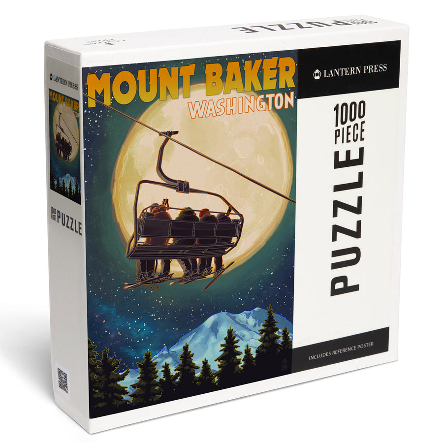 Mt. Baker, Washington, Ski Lift and Full Moon, Letterpress, Jigsaw Puzzle Puzzle Lantern Press 