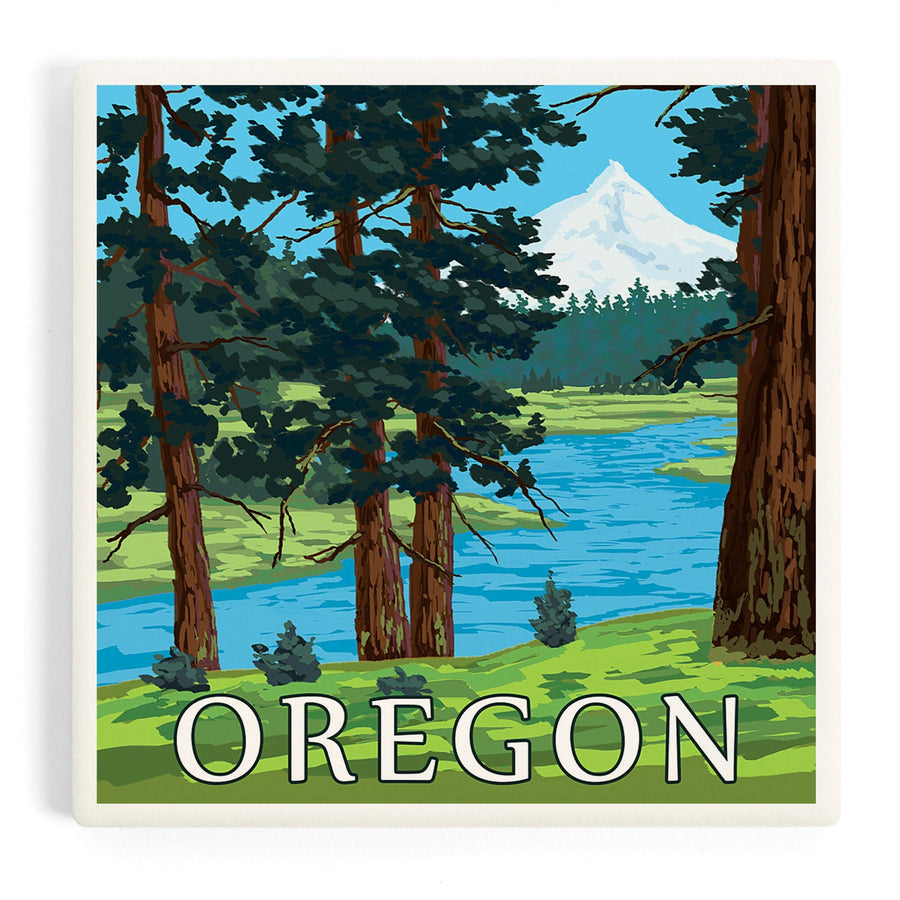 Mt. Hood and River, Oregon Scene, Coasters Coasters Lantern Press 