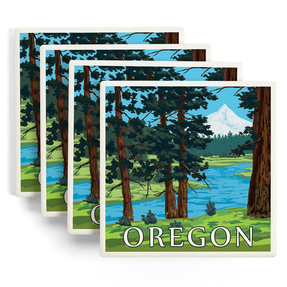 Mt. Hood and River, Oregon Scene, Coasters Coasters Lantern Press 
