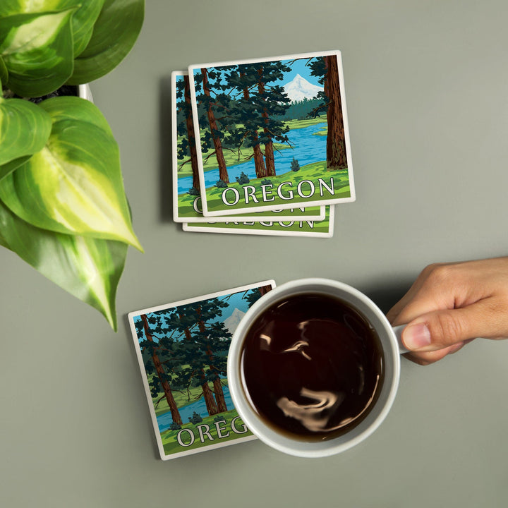 Mt. Hood and River, Oregon Scene, Coasters Coasters Lantern Press 