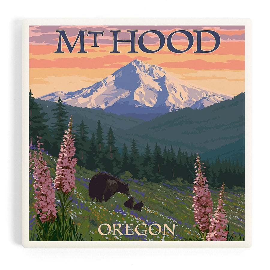 Mt. Hood, Oregon, Bear Family and Spring Flowers, Coasters Coasters Lantern Press 