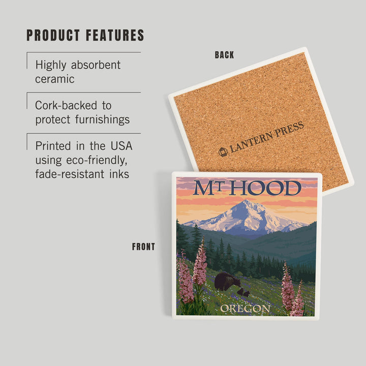 Mt. Hood, Oregon, Bear Family and Spring Flowers, Coasters Coasters Lantern Press 