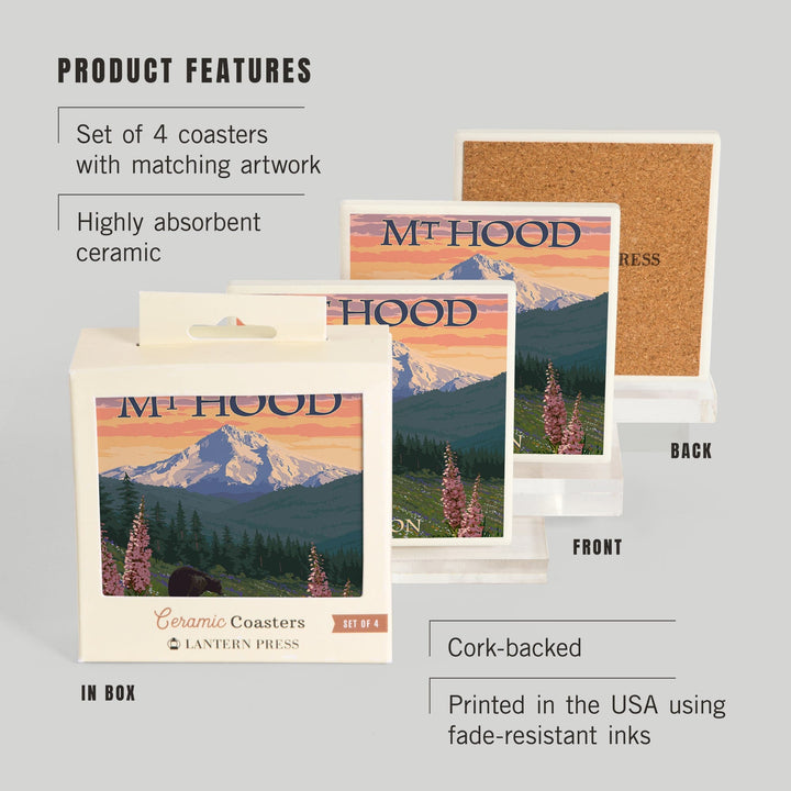 Mt. Hood, Oregon, Bear Family and Spring Flowers, Coasters Coasters Lantern Press 