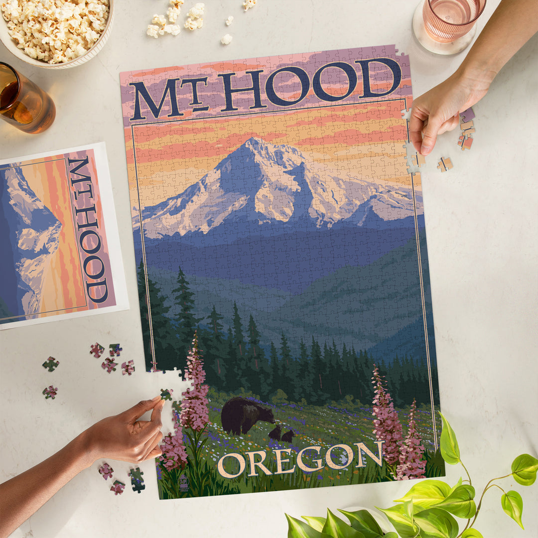 Mt. Hood, Oregon, Bear Family and Spring Flowers, Jigsaw Puzzle Puzzle Lantern Press 