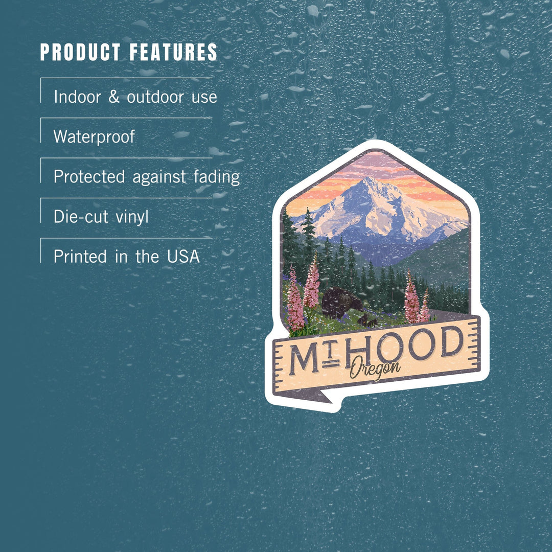 Mt. Hood, Oregon, Bear Family & Spring Flowers, Contour, Lantern Press Artwork, Vinyl Sticker Sticker Lantern Press 