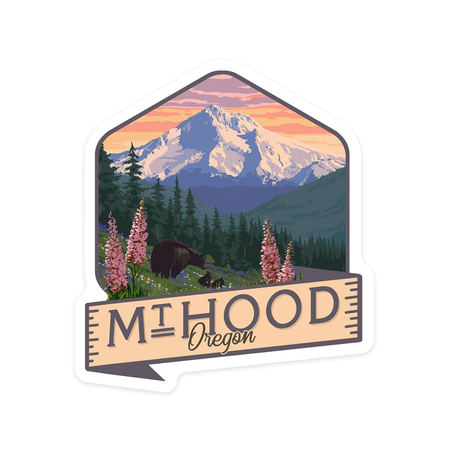 Mt. Hood, Oregon, Bear Family & Spring Flowers, Contour, Lantern Press Artwork, Vinyl Sticker Sticker Lantern Press 