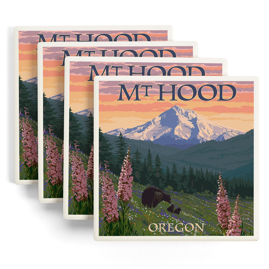 Mt. Hood, Oregon, Bear Family & Spring Flowers, Lantern Press Artwork, Coaster Set Coasters Lantern Press 