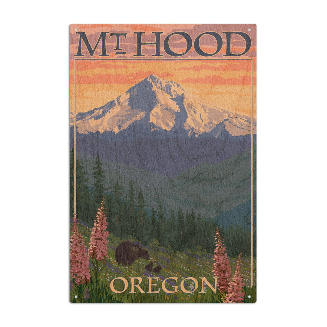 Mt. Hood, Oregon, Bear Family & Spring Flowers, Lantern Press Artwork, Wood Signs and Postcards Wood Lantern Press 10 x 15 Wood Sign 
