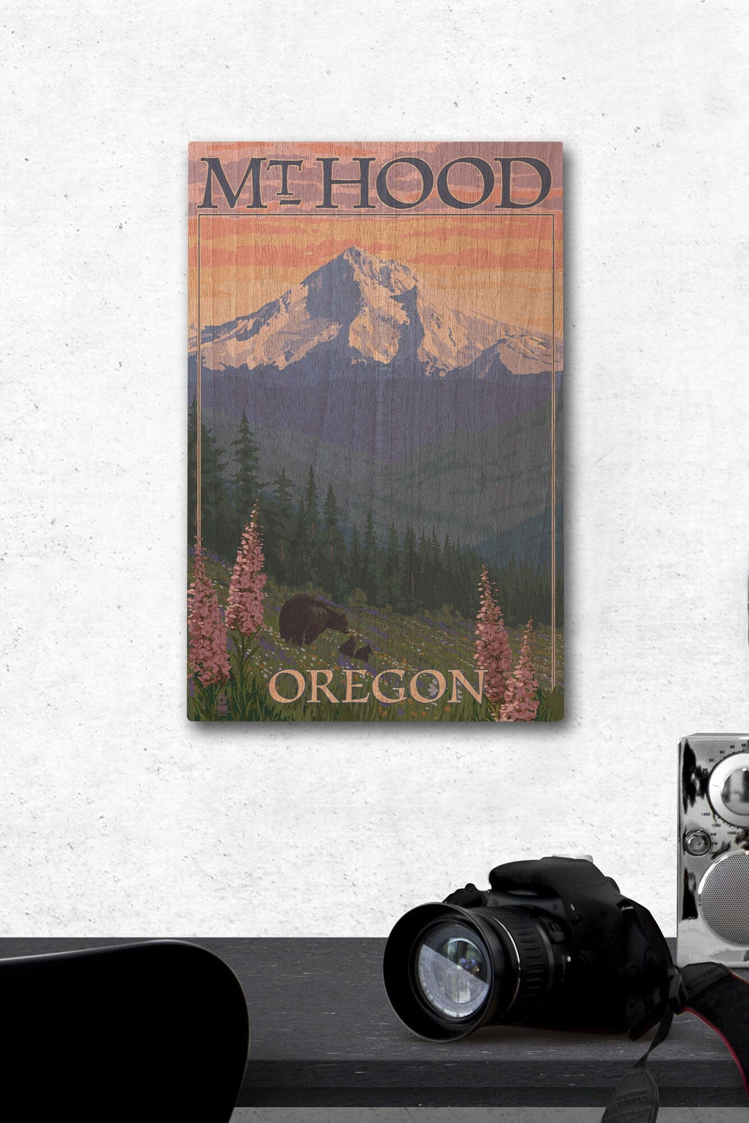 Mt. Hood, Oregon, Bear Family & Spring Flowers, Lantern Press Artwork, Wood Signs and Postcards Wood Lantern Press 12 x 18 Wood Gallery Print 