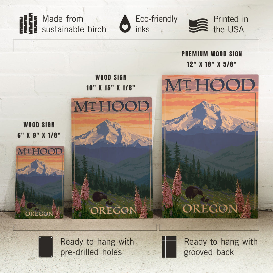 Mt. Hood, Oregon, Bear Family & Spring Flowers, Lantern Press Artwork, Wood Signs and Postcards Wood Lantern Press 