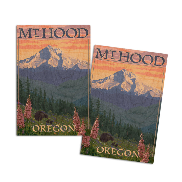 Mt. Hood, Oregon, Bear Family & Spring Flowers, Lantern Press Artwork, Wood Signs and Postcards Wood Lantern Press 4x6 Wood Postcard Set 