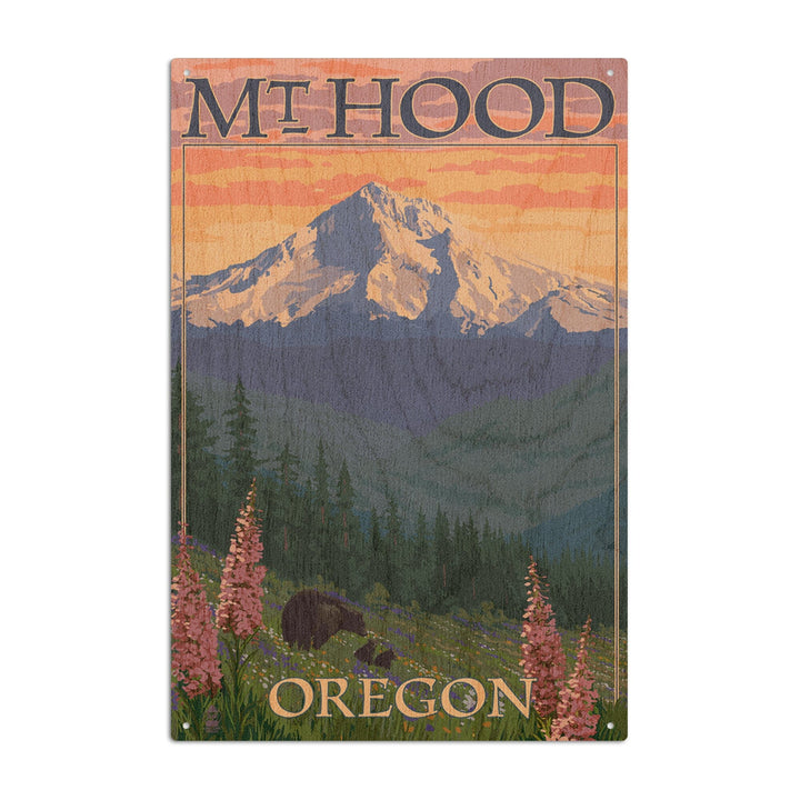 Mt. Hood, Oregon, Bear Family & Spring Flowers, Lantern Press Artwork, Wood Signs and Postcards Wood Lantern Press 6x9 Wood Sign 