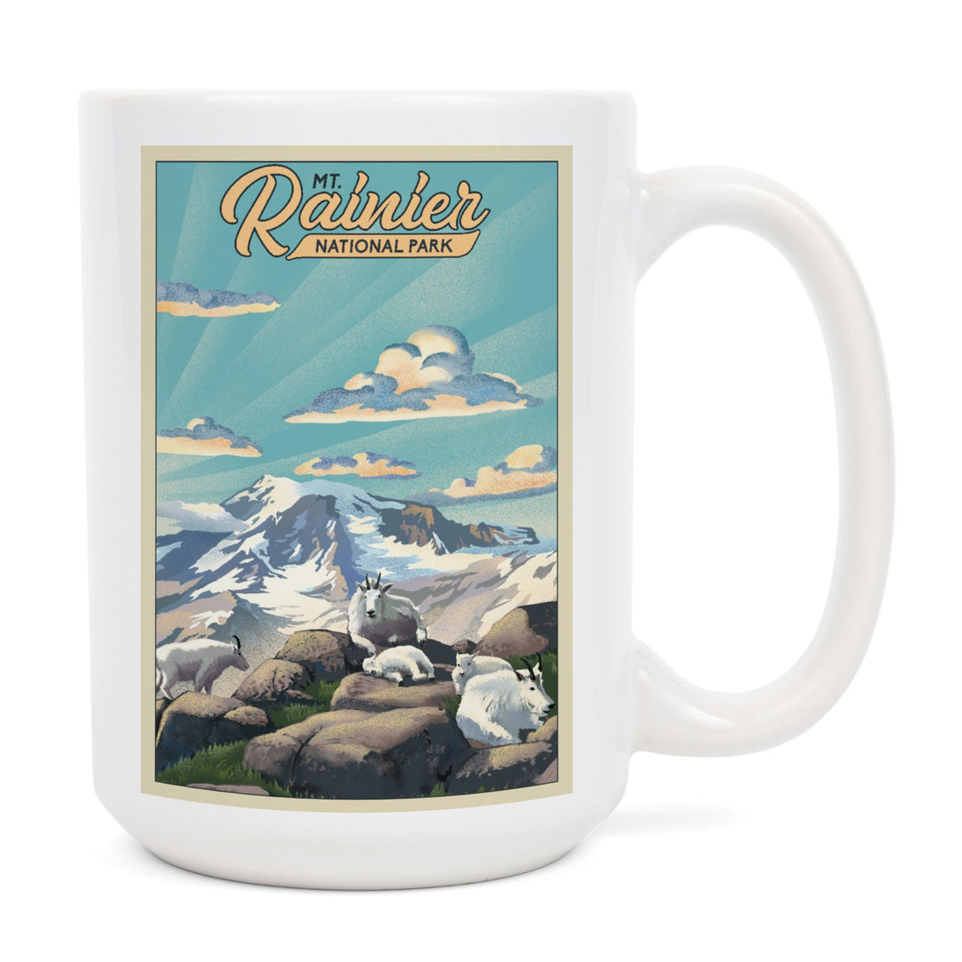 Mt Rainier National Park, Goats, Lithograph, Lantern Press Artwork, Ceramic Mug Mugs Lantern Press 